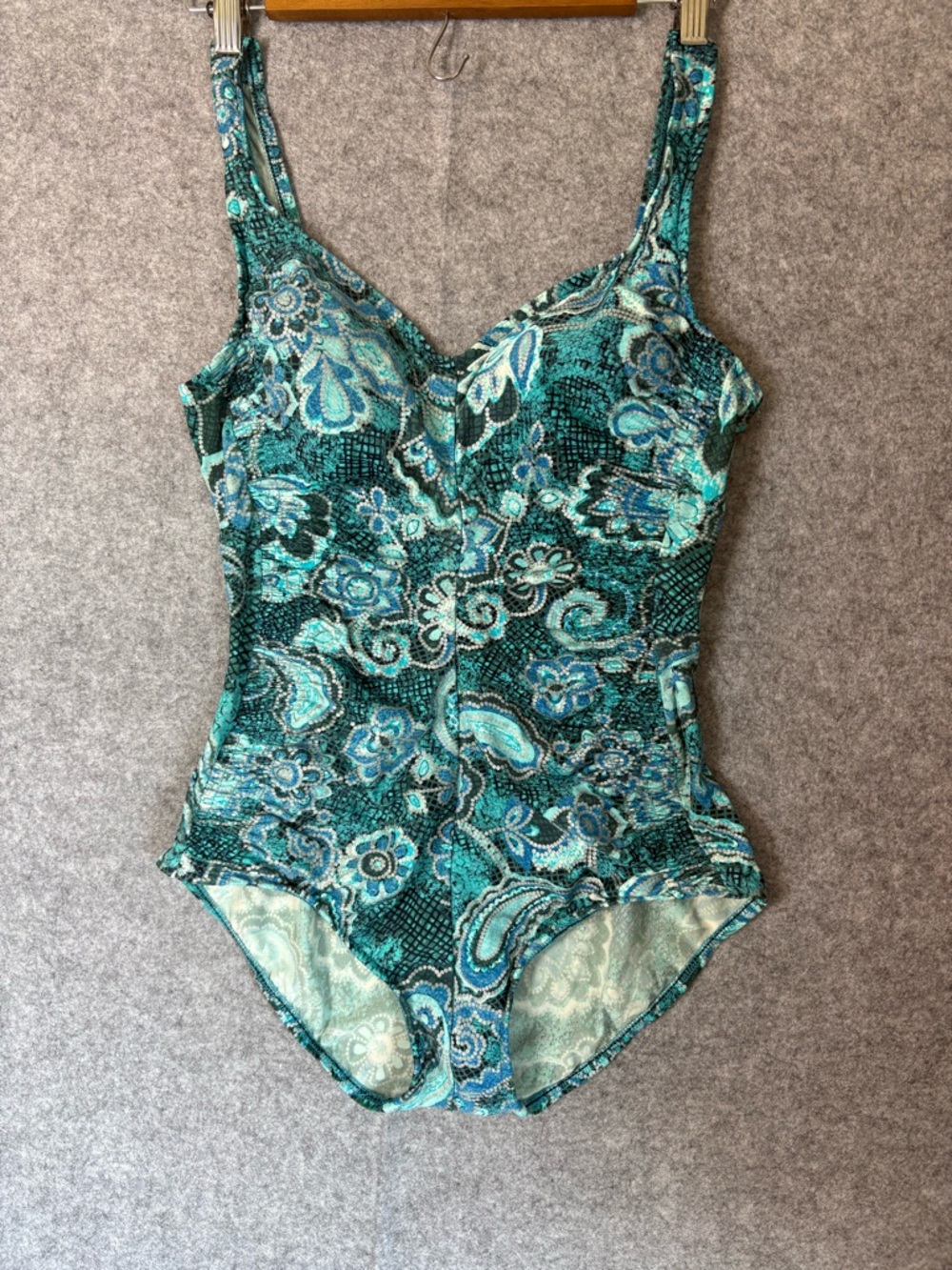 Rose Marie Reid Swimsuit teal Tropical Floral Pattern One-Piece Women's Size 12
